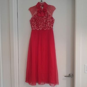 Designer Red Silk Blend Midi Sequined Collar Dress